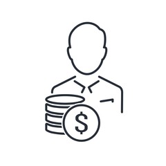 Businessman and money. Rich man. Financial career. Vector linear icon isolated on white background.