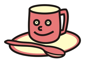 pink mug on a saucer and spoon, vector humorous illustration