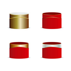 a set of red and gold color podiums for product display