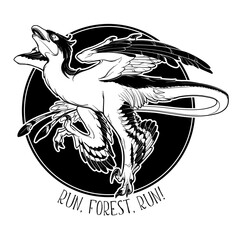 Hunting microraptor. Black linear hand drawing isolated on a white background. Round sticker. EPS10 Vector illustration