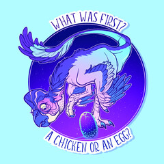 Oviraptor stealing a dinosaur egg from the nest. Color sticker isolated on blue background. EPS10 Vector illustration