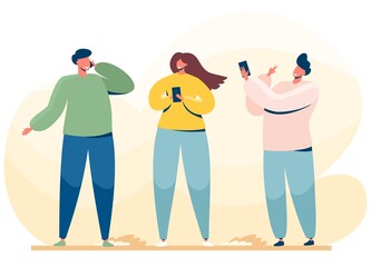 Fototapeta premium Happy people use telephones. A girl and a man are talking on the phone, the guy is taking a selfie. Flat vector illustration.