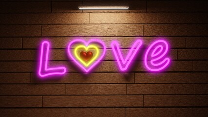 Pink love words light sign on wooden wall 3D render