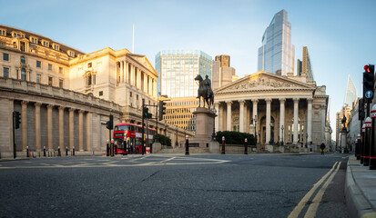 Panoramic view of the Bank of England and the Royal Exchange building in the City of London