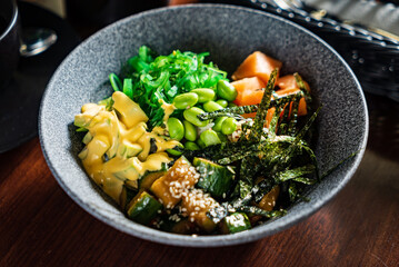 buddha bowl on the wooden table
