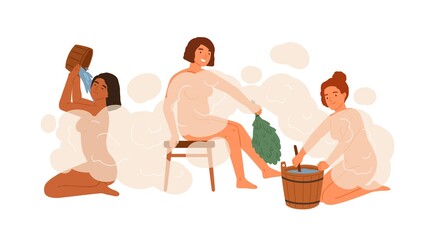 Obraz na płótnie Canvas Group of woman in public bathhouse or banya full of hot steam vector flat illustration. Happy female washing their bodies and holding brooms and buckets isolated. People during bathing