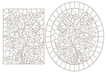 Set of contour illustrations of stained glass Windows with bouquets of roses, dark outlines on a white background
