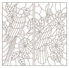 Set of contour illustrations of stained glass Windows with parrots and flowers, dark outlines on a white background, rectangular images