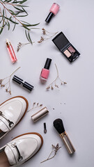 Web banner. Cosmetics and fashion blogger background. Flat lay. Makeup, accessories on a light background. Top view. Vertical shot.