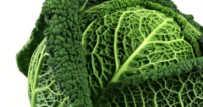 Green savoy cabbage rotating on white background, isolated vegetables, 4k close up. 