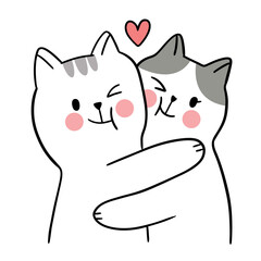 Hand draw cartoon cute Valentine day, Couple cats hugging vector.