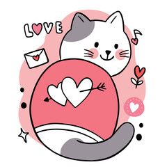 Hand draw cartoon cute Valentine day, Doodle cat and hearts vector
