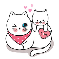 Hand draw cartoon cute Valentine day, Mom and baby cat and heart vector.