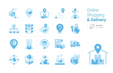 Online Shopping and Delivery vector icon collection with a blue tone
