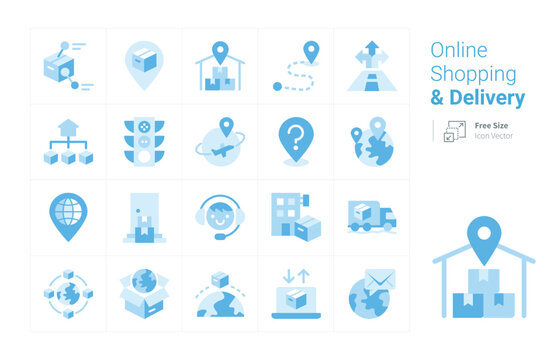 Online Shopping and Delivery vector icon collection with a blue tone