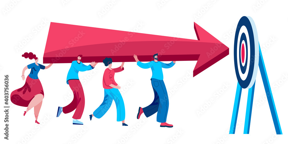 Poster a group of characters carries an arrow pointing to the center of the target. vector illustration con