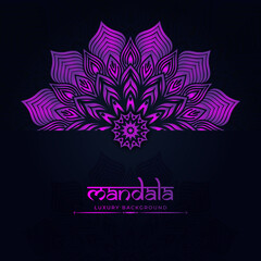 Gradient colorful mandala on black background. Mandala with floral patterns. Vector boho mandala in blue and purple colors.