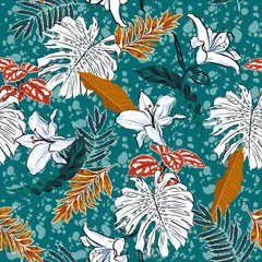 Ingelijste posters Afrikaanse Motieven Trendy tropical botanical, monstera leaves and lily flowers on african batik background summer mood seamless pattern vector EPS10,Design for fashion,fabric,web,wallpaper,wrapping and all prints  © MSNTY_STUDIOX