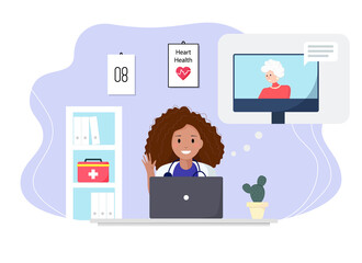 Doctor consulting a patient through computer in the cabinet. Senior woman consulting a doctor online using her computer at home, telemedicine and online doctor concept. Vector illustration. 