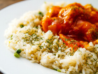 Sweet and sour chicken on a white jasmine rice with green herbs. Asian style dinner. Food and ready meals concept