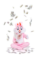 How to be a millionaire or billionaire. Knowledge is power. Rich lucky man reads the book, sits under dollars rain, learning how to make money. Hundred dollar bills fall from sky