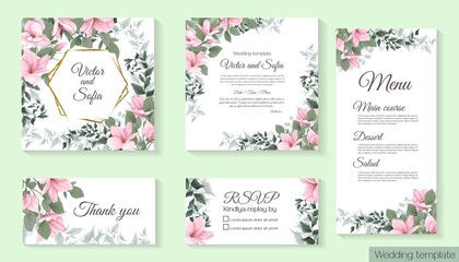 Vector template for wedding invitation. Magnolia flowers, green branches, leaves. All elements are isolated. Invitation card, thanks, rsvp, menu.