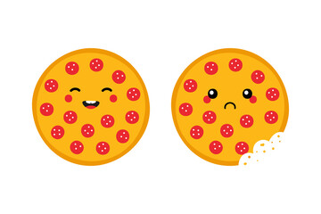 Cute cartoon style round pepperoni pizza characters, happy smiling and sad with bite mark.