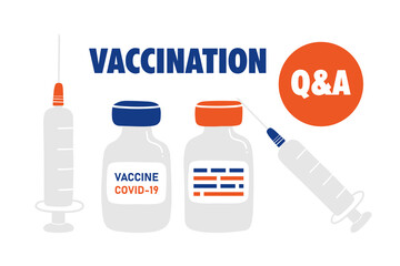 Vaccination vector cartoon style illustration, banner, card with bottles of vaccine and medical syringes.