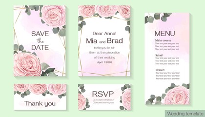 Vector floral template for wedding invitation. Pink roses, eucalyptus, green plants and leaves, asiatic buttercup. Rsvp, invitation, thank you, menu.