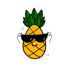 Cute doodle, cartoon style pineapple character with leaves in sunglasses for summer and tropical design.