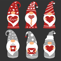 Gnomes Cartoon with hearts for Valentine's day cards, gifts, t-shirts, mugs, stickers, crafts Vector hand drawn style