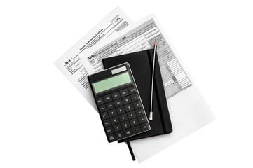 Tax forms with notepad and calculator. Isolated on white.