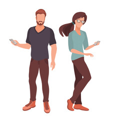 Man and woman using mobile gadgets, smartphone. Chatting, Blogging. Vector.