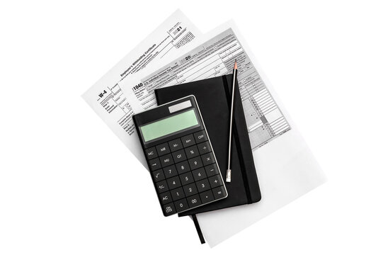 Tax Forms With Notepad And Calculator. Isolated On White.