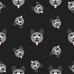 Seamless pattern. Gray cat heads sticking out their tongue. Funny and cute. Background dark grey. illustration vector.