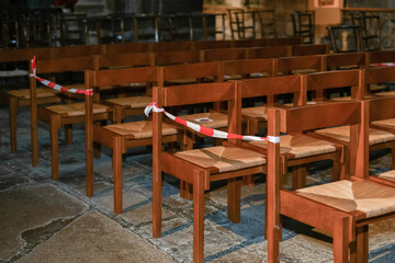 A church with empty seats during coronavirus pandemic Covid-19.