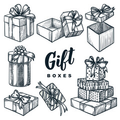 Cardboard gift boxes set. Closed and open empty holiday packages collection. Vector hand drawn sketch illustration - 403759405