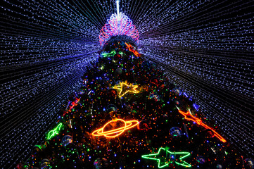 Decorated Christmas tree with lights.