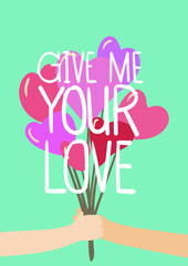 Cropped graphic image of heart balloons that a man give to a woman on aqua green background.