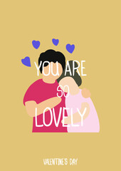 Wife and husband hug each other with all of love on orange background.