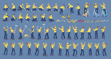 Set of isometric Workers. Repairers in overall, various poses. Vector.