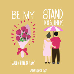 Graphic image of couple in the same umbrella and a bouquet of red roses on orange background.