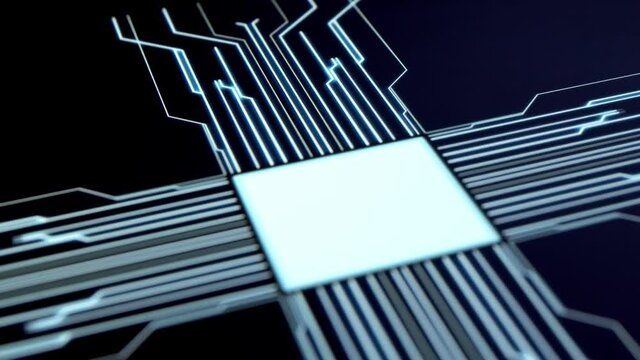 Human finger is pressing a digital button on a touchscreen. Futuristic microprocessor is starting the operation of the computer program. Machine learning and artificial intelligence concept.