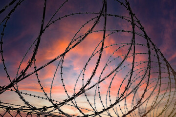 Silhouette of a barbed wire fence steel jail - obrazy, fototapety, plakaty