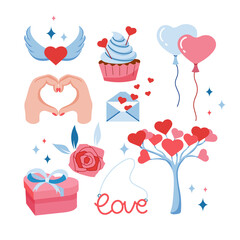 Set of vector elements for Valentine's Day. Kit of love icons. Isolated elements on a white background. Love tree, rose, gift box, cupcake, hearts, balloons, heart shaped hands, love letter.