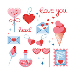 Set of vector elements for Valentine's Day. Kit of love icons. Isolated elements on a white background. Candy heart, glasses, rosebud, heart-shaped ice cream, love stamp, love potion