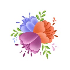 Blue, orange and purple flowers on white background. Brunches. Wedding card.