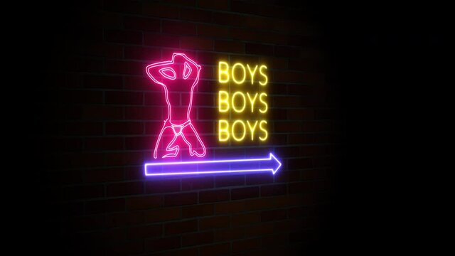 Gay bar neon sign on dark brick wall animation tracking shot, point of view of night club entrance