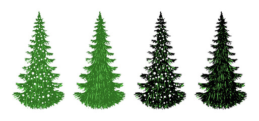 Vector set of four evergreen Christmas trees hand-drawn by hatching. All herringbones are isolated on a white background