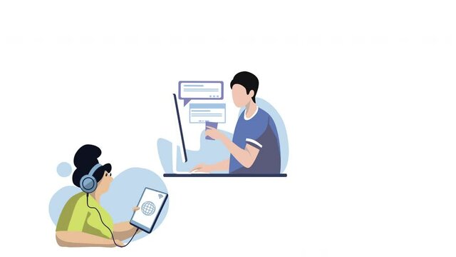 Cartoon people are buzy in online mode in 4k video.